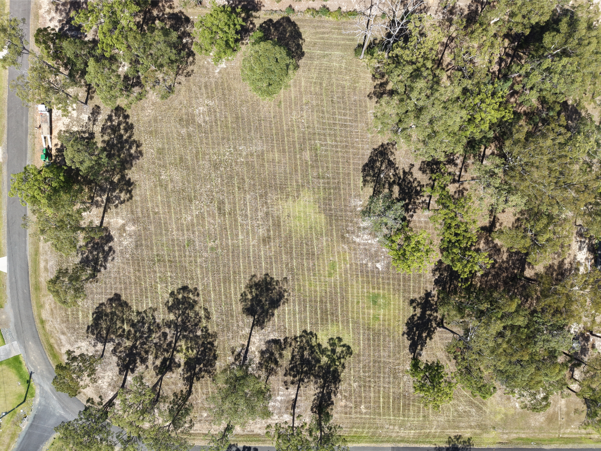 Aerial view of Nabiac land, showcasing a cleared block surrounded by trees, ideal for real estate or property development.